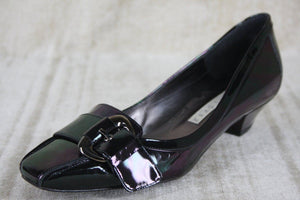 Pura Lopez Oily black patent Buckle Toe pumps Size 39 New $315