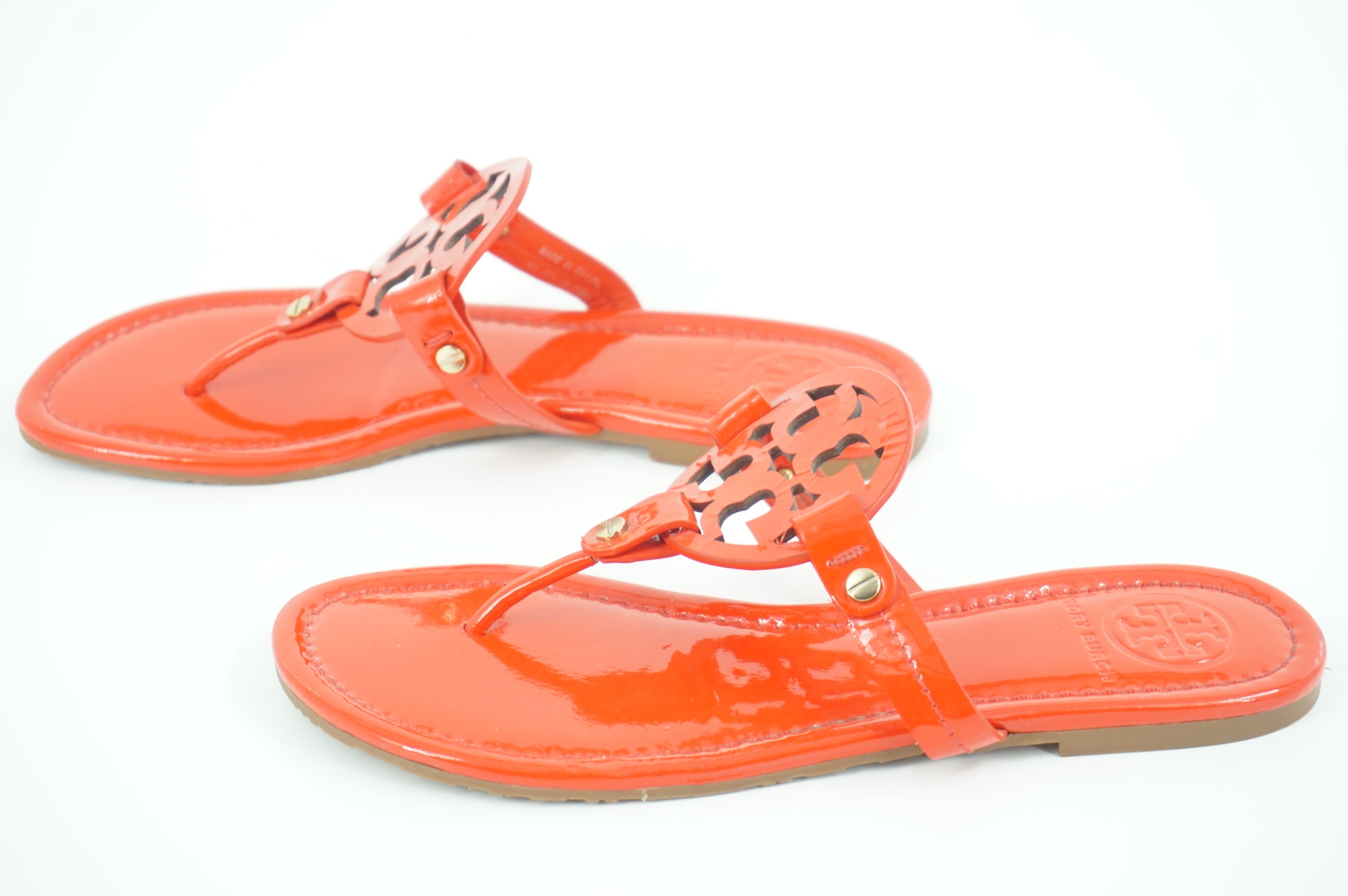 New Tory Burch Miller Poppy Red Patent Thong Sandals SZ 7.5 $235 Logo