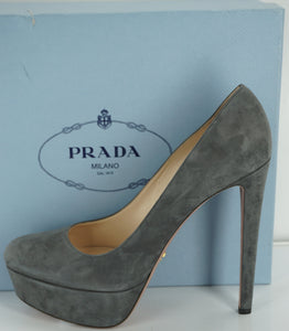 Prada Grey Suede Classic Round Toe Platform Heel Pumps SZ 40.5 10.5 NIB $750