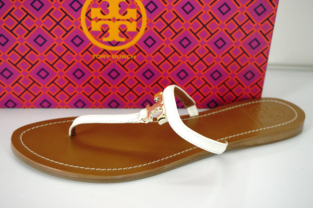 Tory Burch Ivory Patent T Logo Leather Thong Sandals Size 10 flip flop NIB $175