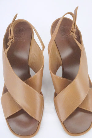 Tory Burch Brown Leather Gabrielle Cross Strap Slingback Wedge Sandals SZ 9 $350