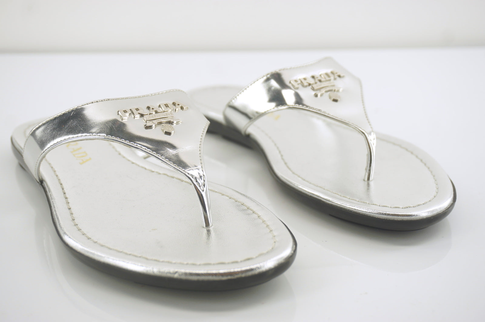 Prada Sport Metallic Silver patent thong sandal SZ 35 Gold logo $390 New