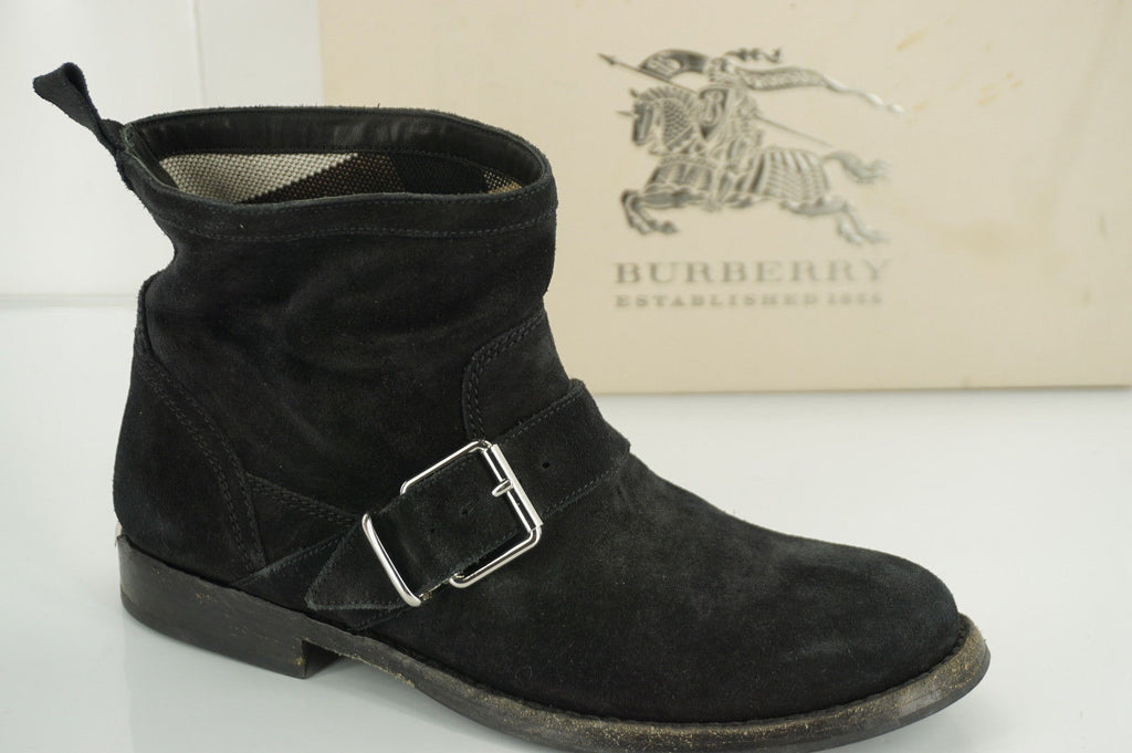 Burberry Black Suede Motor Biker Short Ankle Boots Size 35 House Check $495