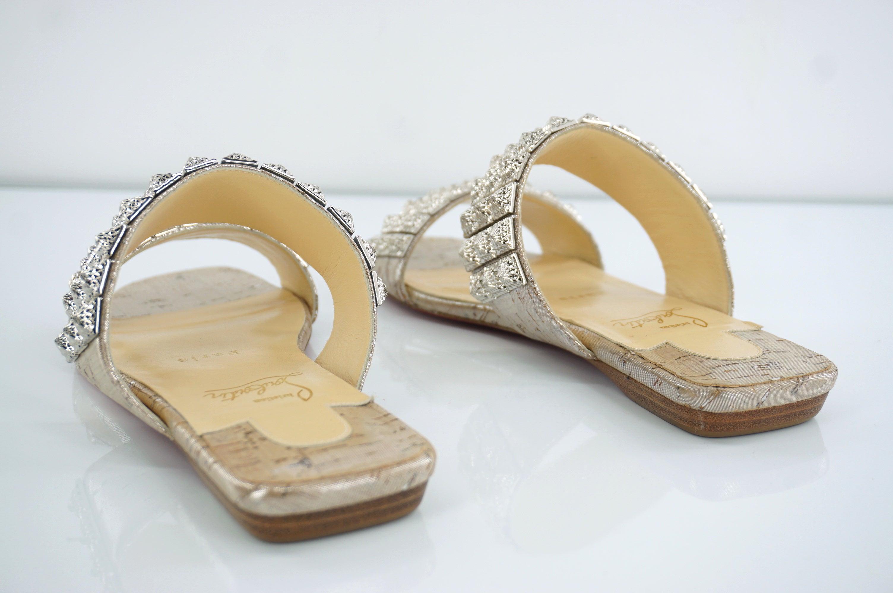 Christian Louboutin Myriadiam Embellished Cork Double-strap Slide Sandals SZ 36