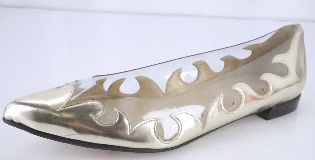 Stuart Weitzman Gold Leather 'Scrolly' Clear Flames Pointy Flats SZ 5.5 New $375