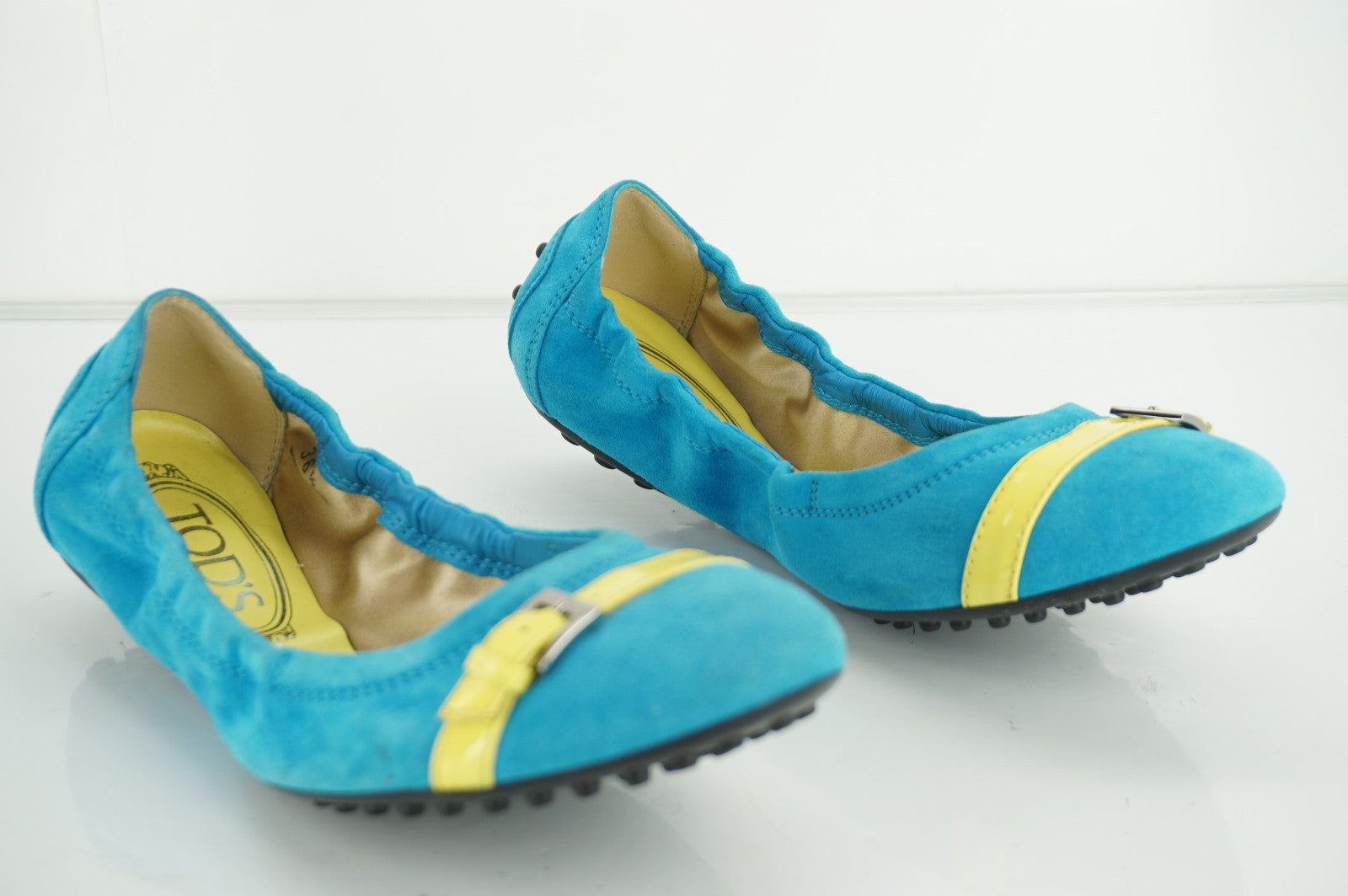 Tods Dee Turquoise Blue Suede Belted Cap Toe Ballet Flats Size 36.5 New $445