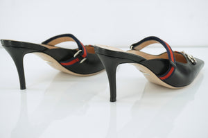 Gucci Emma Horsebit Black Leather Web Trim Slide Mule Sandal Size 37.5 NIB