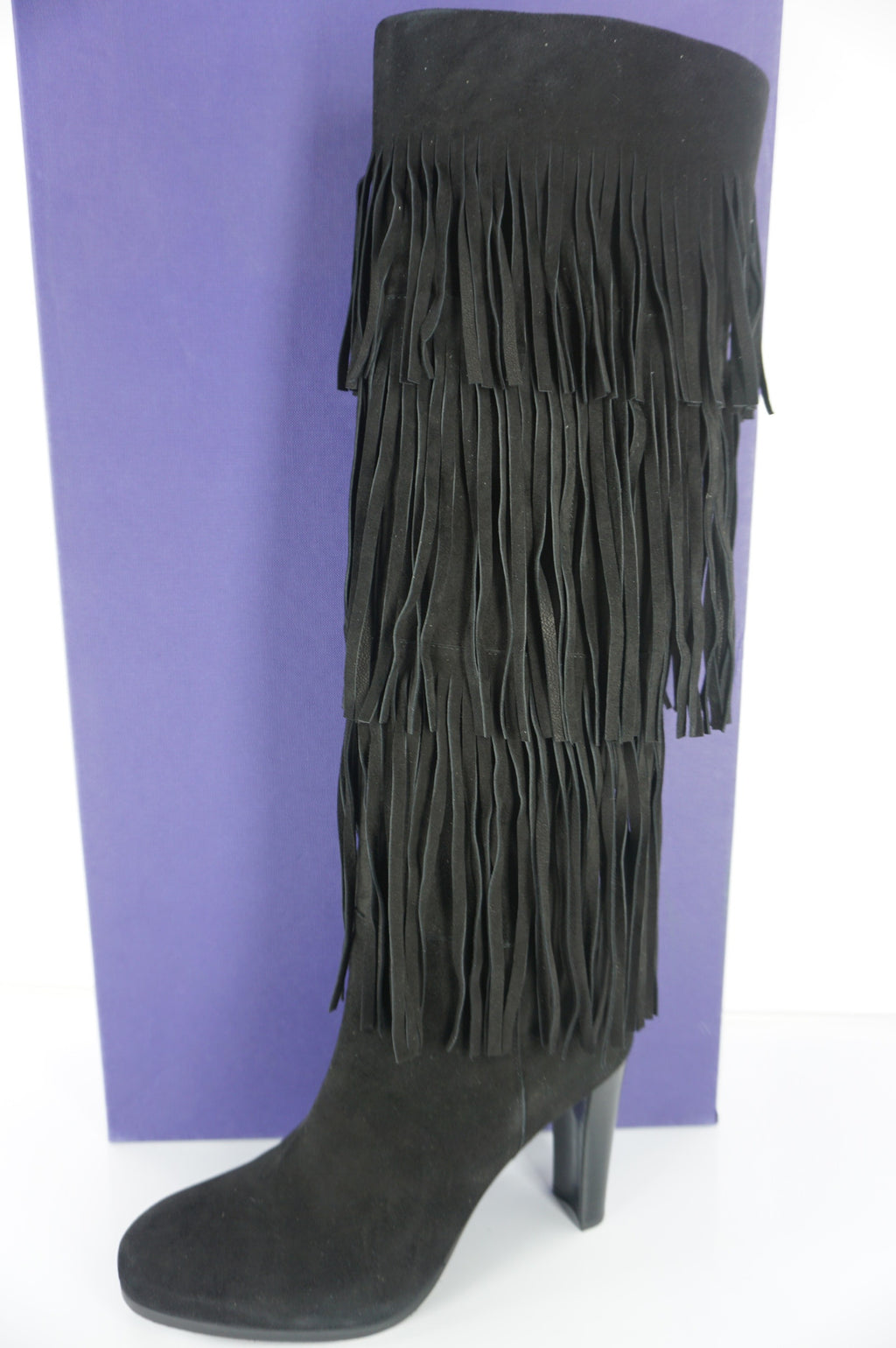 Stuart Weitzman Black Suede Fringie Knee High Boots SZ 7 N Narrow NIB $855 Heels