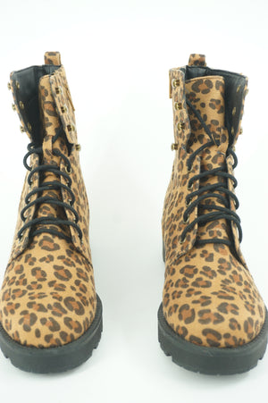 Mia Miki Combat Leopard Print Lug Ankle Boots Size 6.5 Zip Lace Up Brown