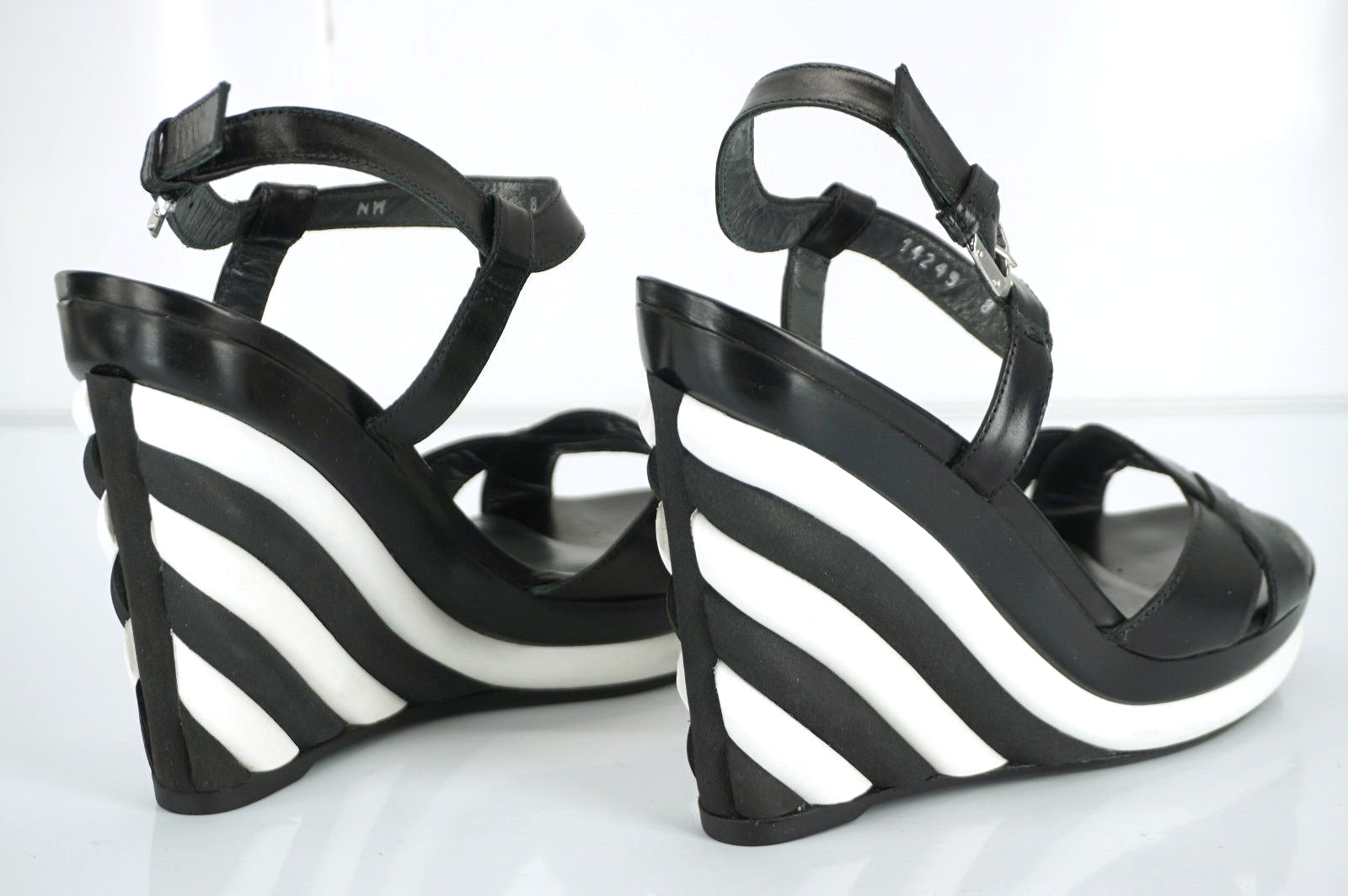 Stuart Weitzman Attitude Black White Striped Wedge Ankle Sandals Size 8 New $425