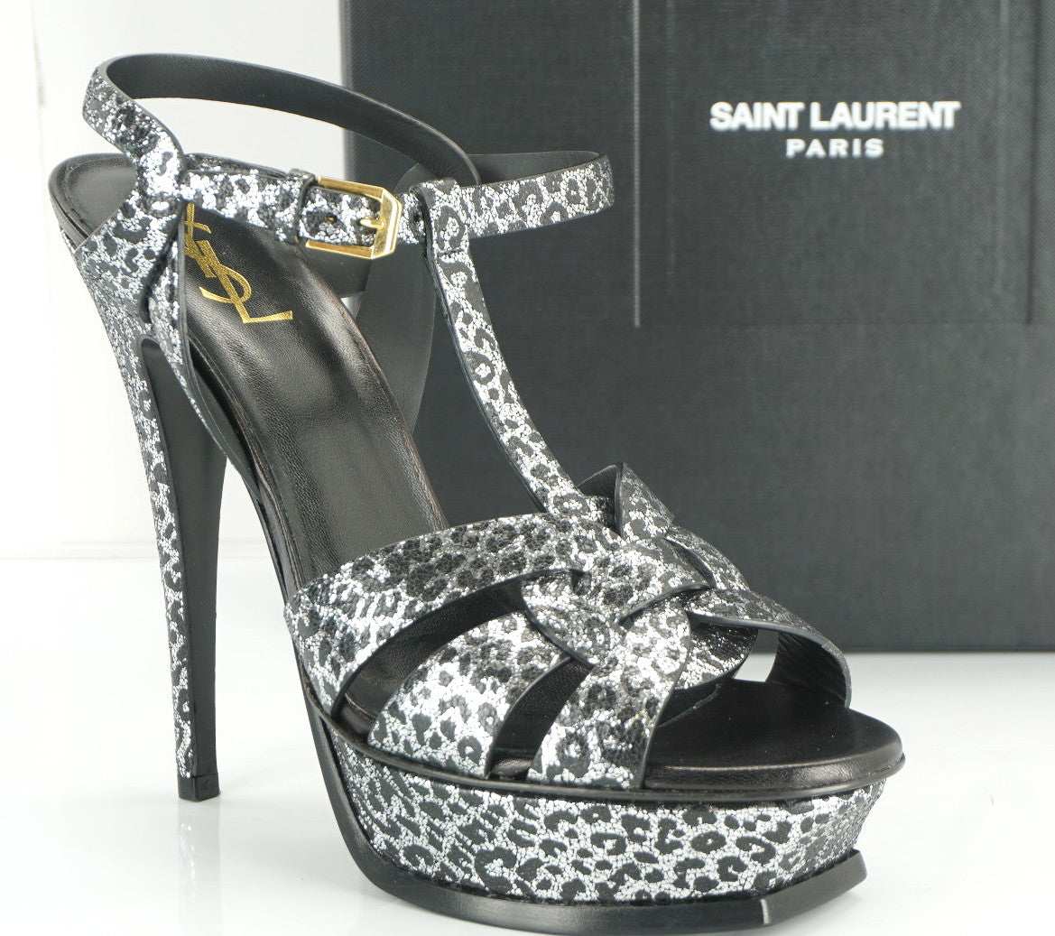 Yves Saint Laurent Metallic Leopard Tribute Sandals SZ 40 10 Heel YSL $995