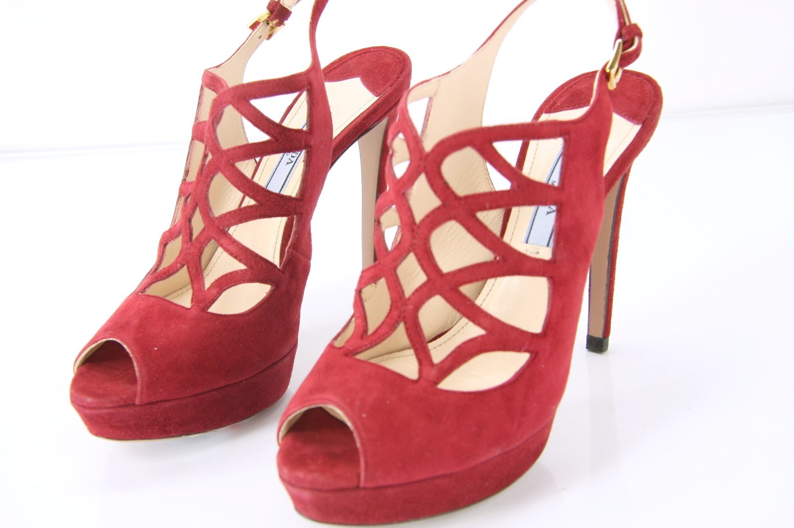 Prada Caged Red Suede Strappy Platform High Heel Sandals Size 36.5 New $850