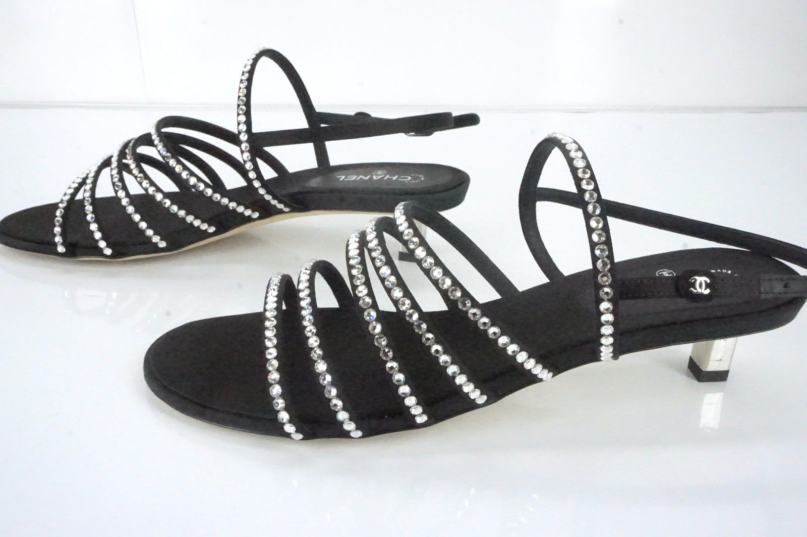Chanel Crystal Caged Strap Kitten Heel Sandals Size 38 Logo New CC $1075