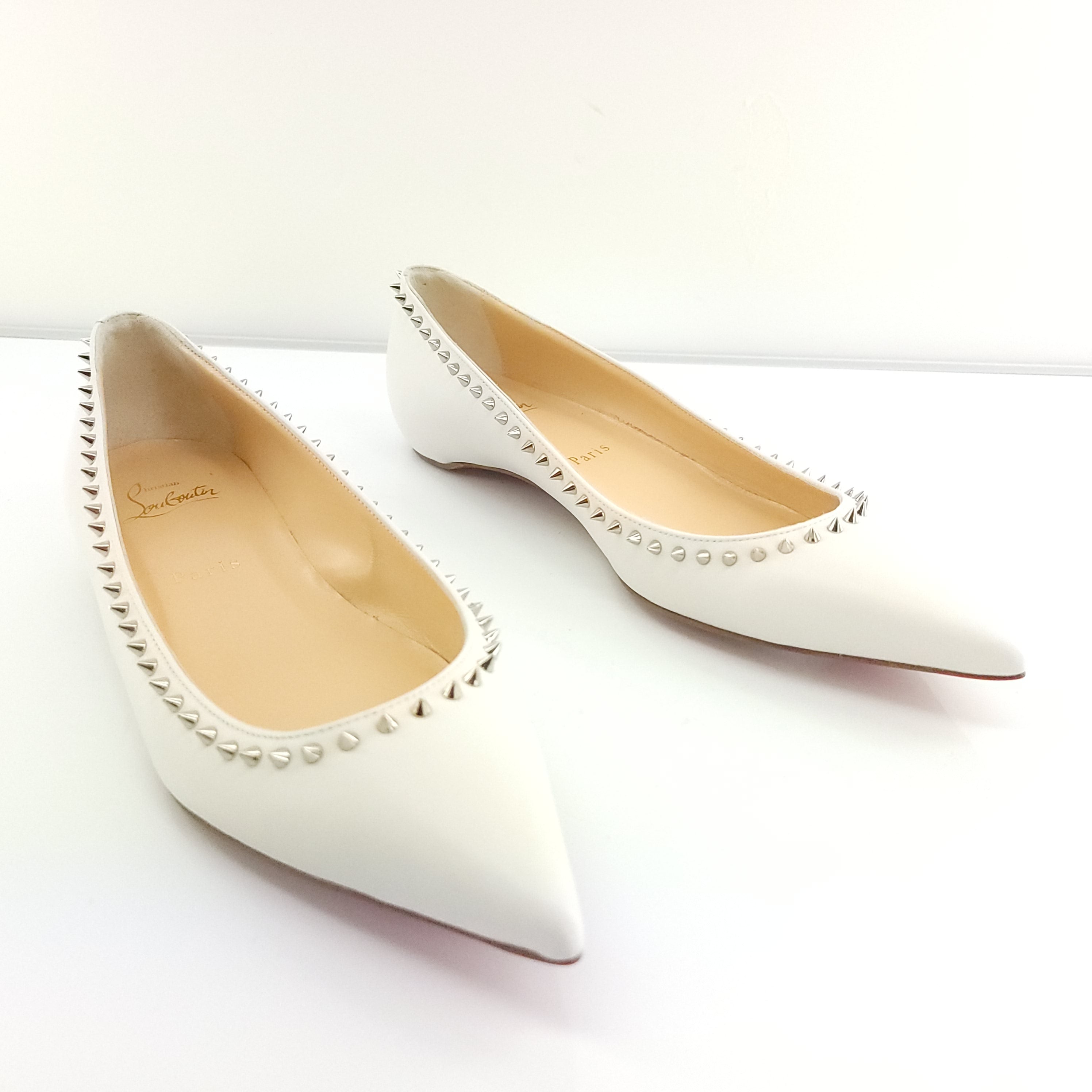 Christian Louboutin White Leather Anjalina Pointed Toe Flats Size 38 NIB $845