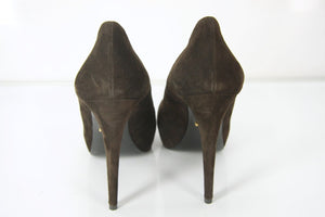 Prada Classic Brown Suede Leather Hidden Platform Heel Pump Size 39 Toe NIB $750