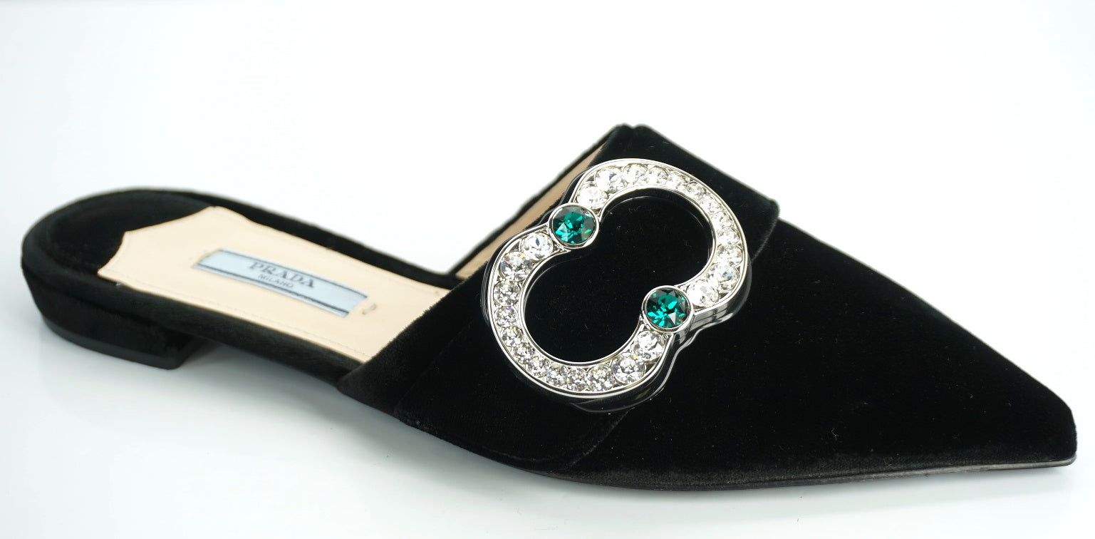 Prada Black Velvet Crystal Broach Mule Flat Pumps size 36 NIB $875 Jewel