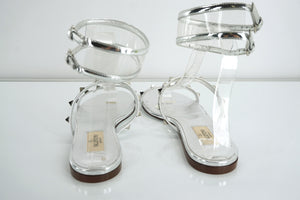 Valentino Silver Leather Rockstud Moonwalk Strappy Sandal Size 37 Gladiator $845