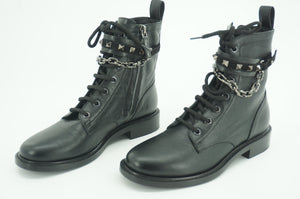 Valentino Rockstud Chain Combat Ankle Boots Size 37 black Leather $1290