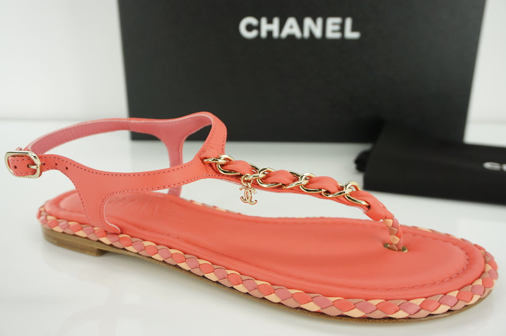 Chanel CC Logo Chain T Strap Bright Pink Thong Sandals Size 36C NIB Ankle $825