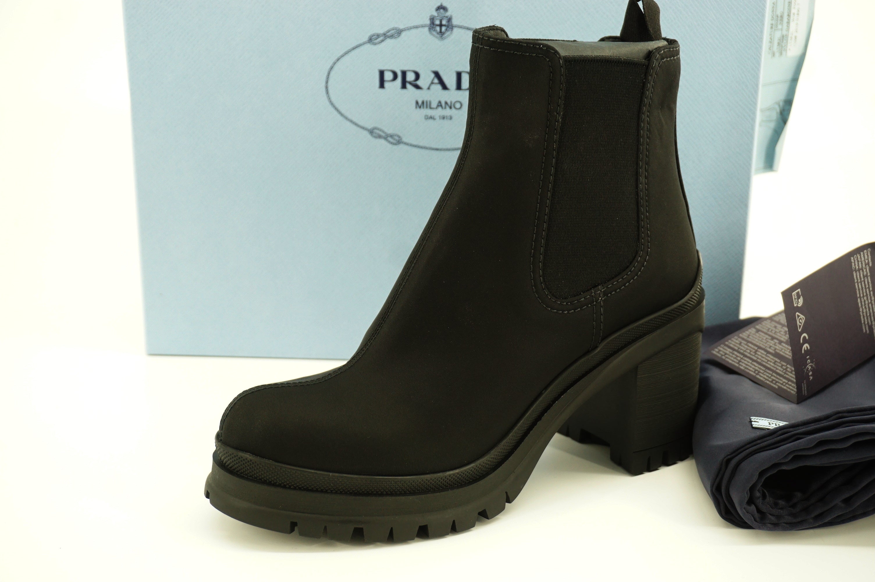 Prada Black Pull On Chelsea Combat Stretch Ankle Boots SZ 36.5 New Lugg $775