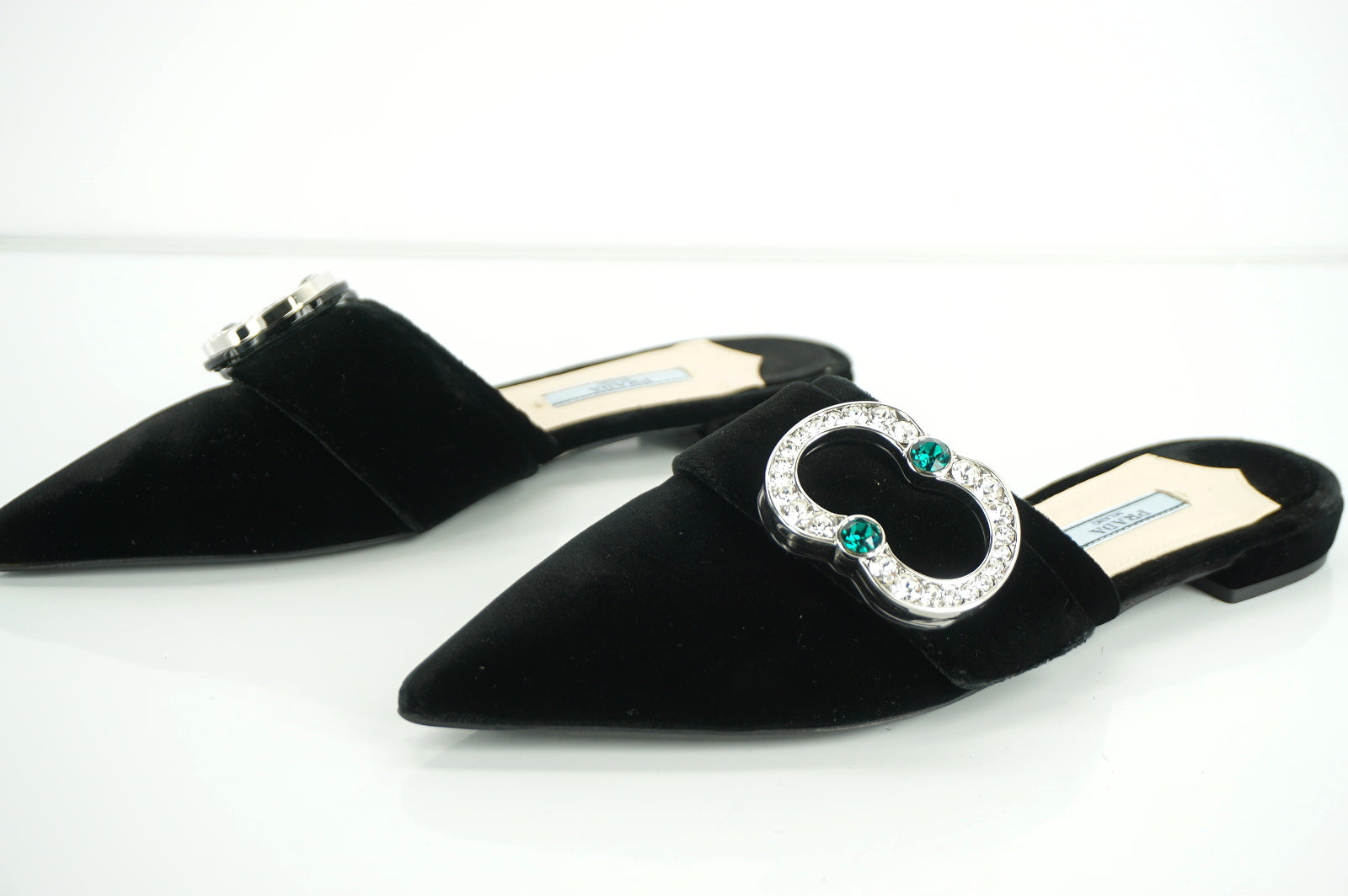 Prada Black Velvet Crystal Broach Mule Flat Pumps size 36 NIB $875 Jewel