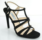 Prada Strappy Black Suede T Strap High Heel Cage Sandals Size 37.5 New Ankle