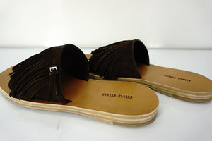 Miu Miu Fringe Brown Suede Flat Mule Sandals SZ 36.5 Wooden NIB $490