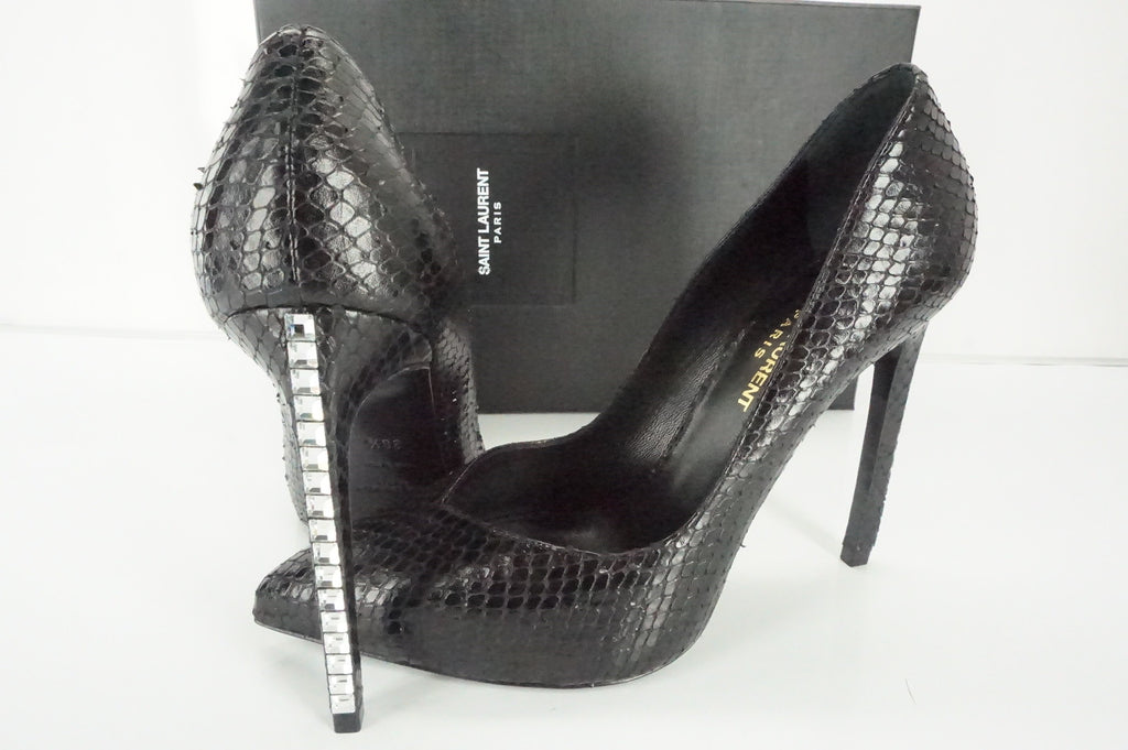 Saint Laurent Black Snake Paris Crystal Heel Pointy Toe Pumps SZ 38.5 NIB $895