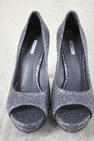 Vera Wang Selima Silver Glitter Open Toe High Heel Platform Pumps SZ 7.5 $275