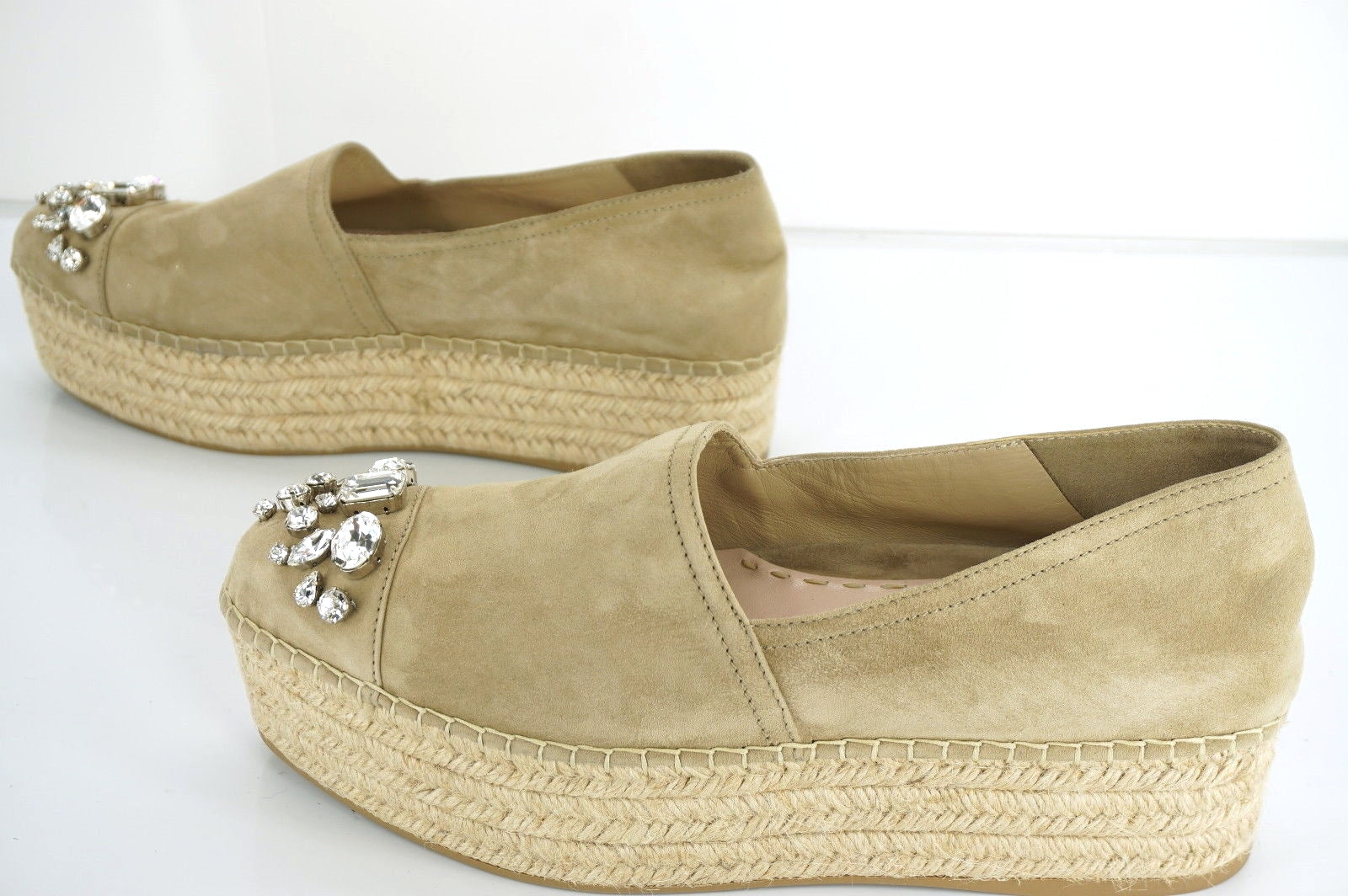 Miu Miu Beige Suede Crystal Jewel Toe Platform Espadrilles SZ 42 12 Slip on $790