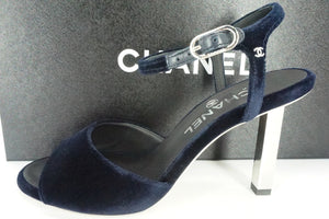 NIB Chanel Ruler Black Velvet Ankle Strap Sandals SZ 36.5 Logo CC peep Toe $1125