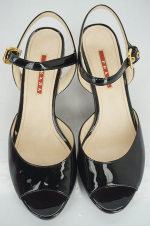 Prada Sport Black Patent Ankle Strap Woven Raffia Wedge Heel Sandals Size 39