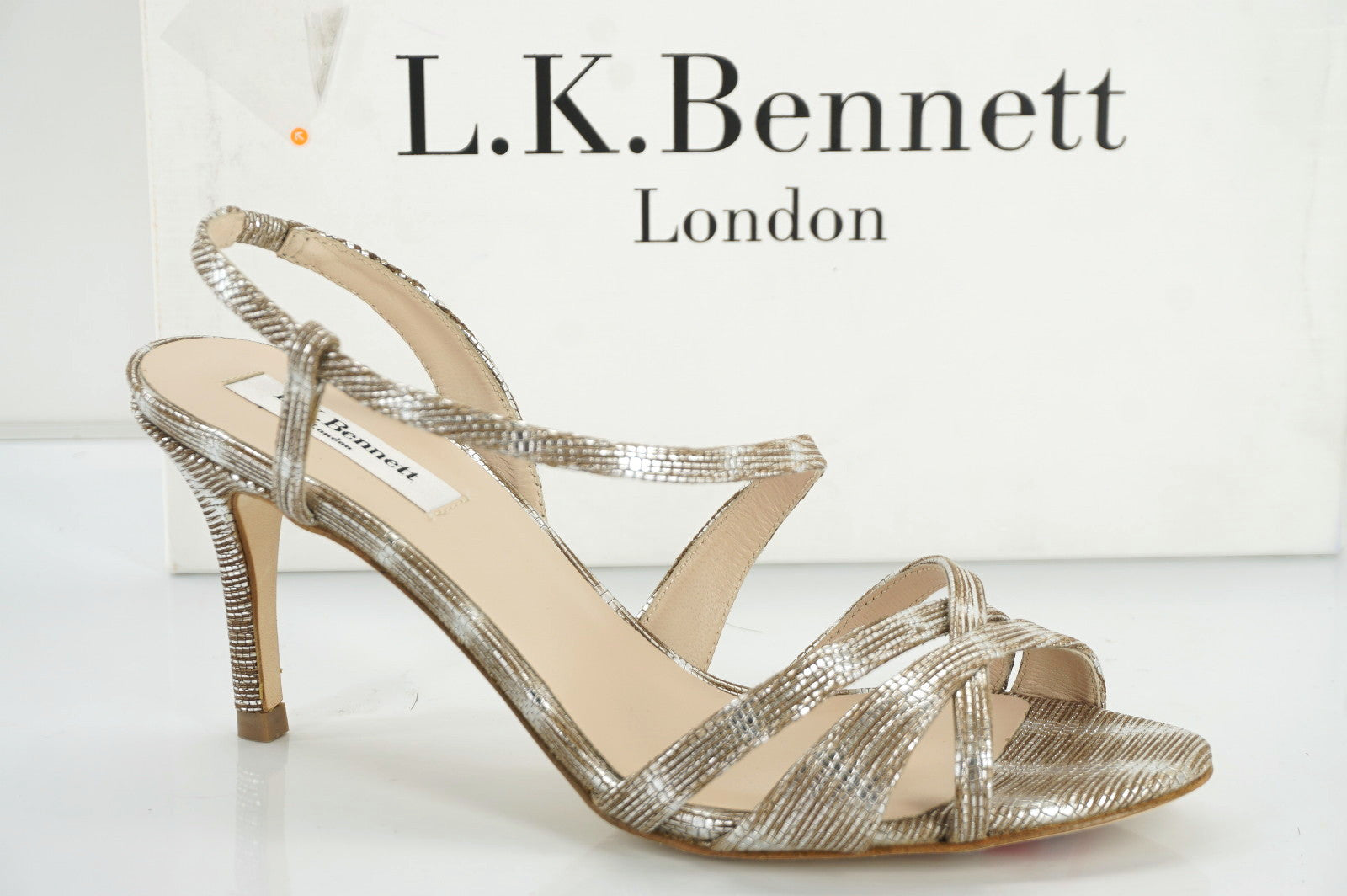 L.K. Bennett Lourdes Metallic Leather Sandals SZ 37 Silver Lizzard New $345