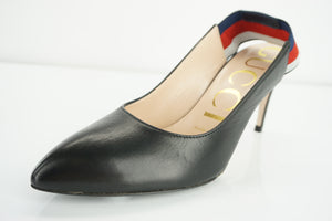 Gucci Sylvie Black Leather Web Strap Pointed Toe Slingback Pumps Size 35 $695