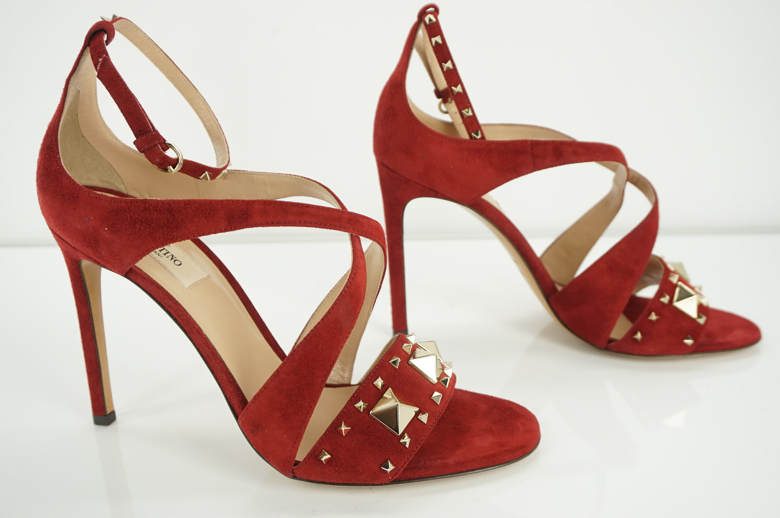 Valentino Rockstud Cross Strap Rubino Red Suede Sandals SZ 38.5 NIB Heel $1085
