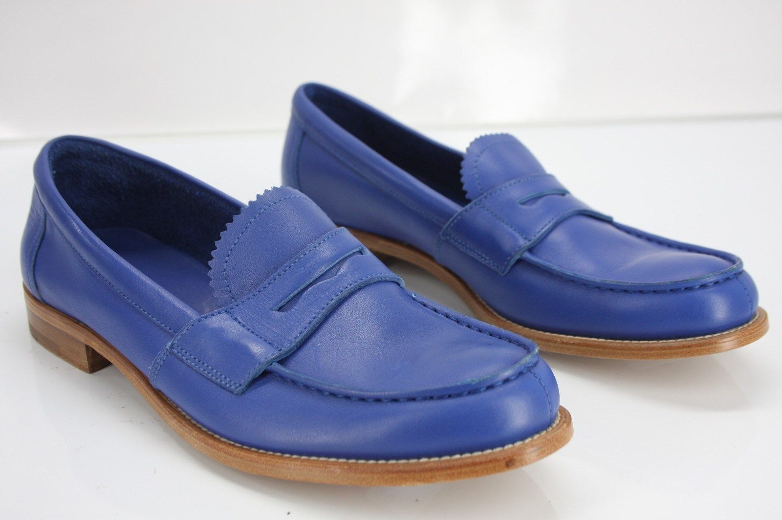Prada Blue Leather Slip On Penny Loafer Shoes Size 39.5 Women's $650 New logo Sz
