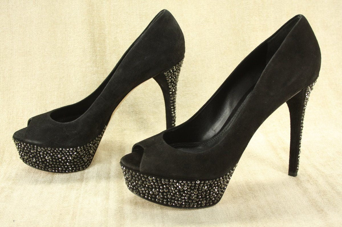 B Brian Atwood Black Suede Bea Crystal Studded Platform Pumps Size 9.5 New $395