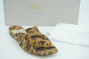 Jimmy Choo Narisa Knotted Leopard-Print Flat Sandals Size 37 New $475
