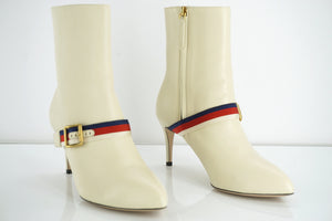 Gucci White Sylvie Leather Ankle Boots Size 37.5 Pointy Toe Web Belt $1190