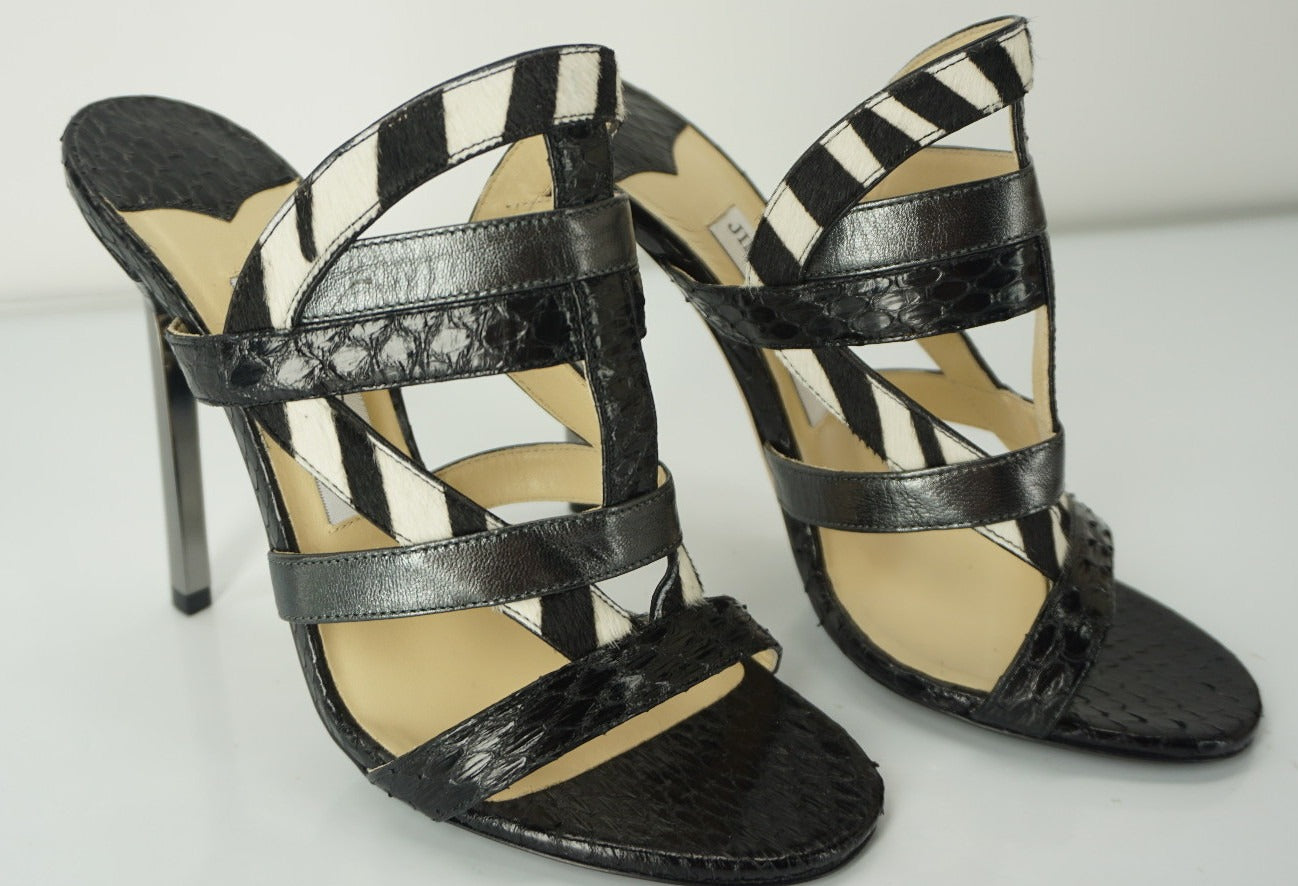 Jimmy Choo Black Multi Leather Vanisa Strappy Slide Sandals Size 37 Heel Mule