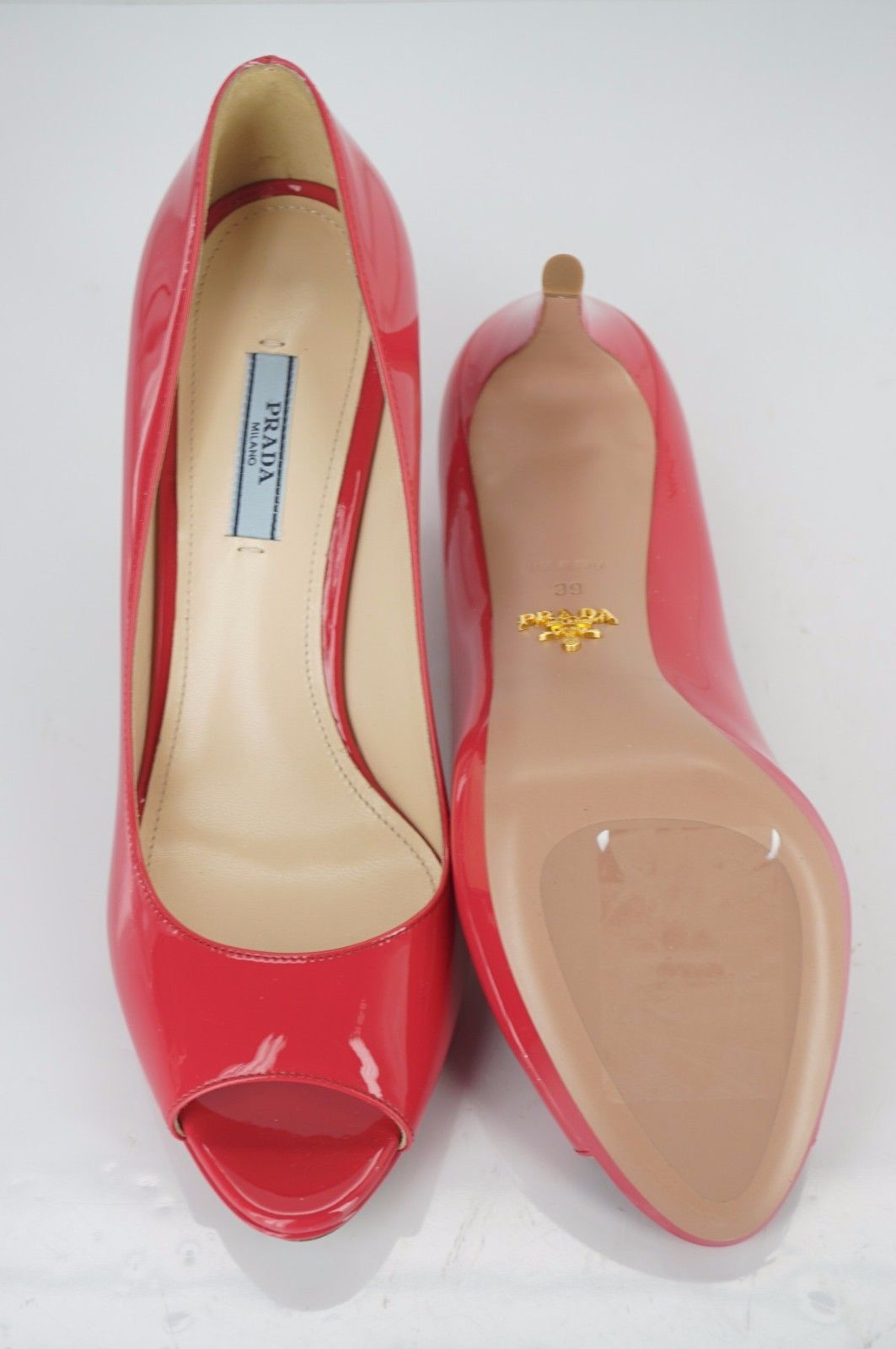 Prada Pink Patent Leather Open Toe Platform High Heel Pumps Size 39 NIB $650