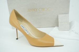 Jimmy Choo Love 85 Brown Cream Asymmetrical Pointed Toe Pumps SZ 38 New $820