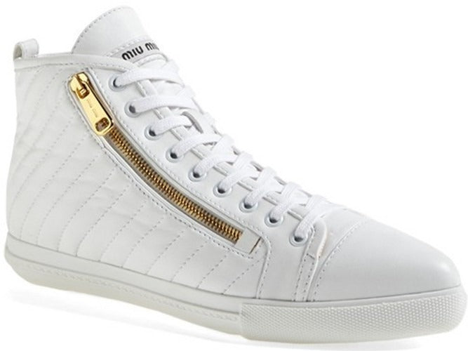 Miu Miu White Leather High Top Zipper Sneakers Size 38.5 New $650