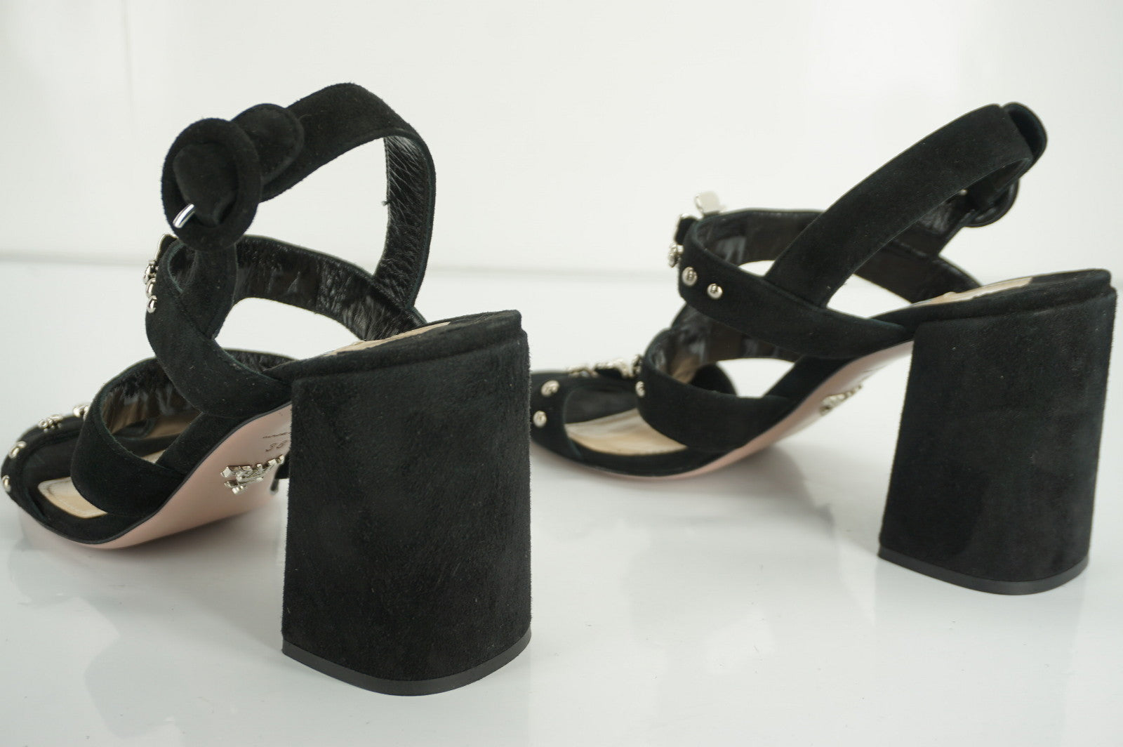 Prada Black Suede Silver Flower Studded Caged Strappy Sandals Size 38 $750 New