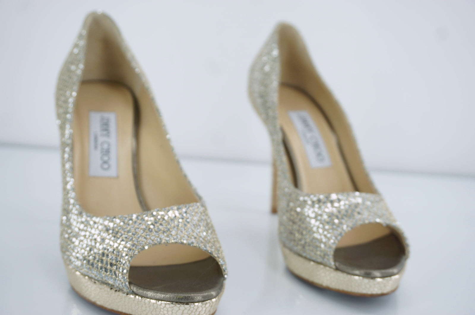 Jimmy Choo Luna Glitter Peep Toe Pumps SZ 37.5 High Heels platform $675