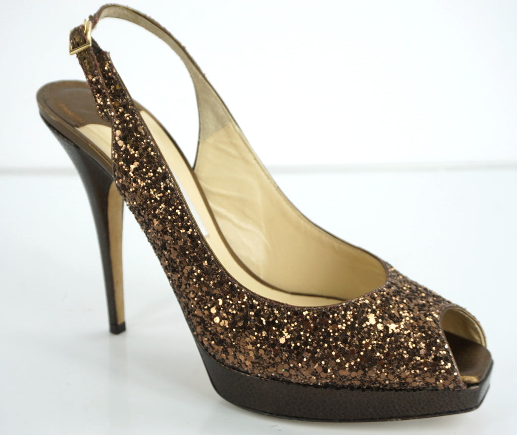 Jimmy Choo Vita Brown Glitter Slingback Open Toe Platform Sandal SZ 40 10 $695