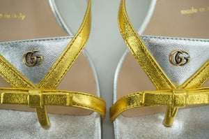 Gucci Alison Bow Gold Silver Strappy Metallic Sandals Size 35 NIB $750 Logo