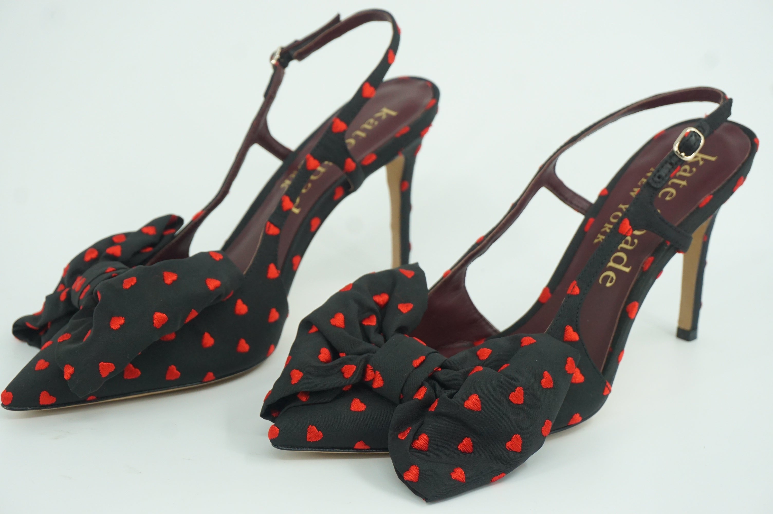 Kate Spade Sheela Printed Heart Black Slingback Ankle Strap Sandals Size 7.5 Bow