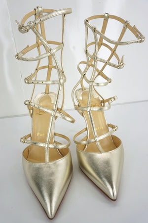 Christian Louboutin Gold Leather Kadreyana Caged Sandals Size 37 Heels $1195 NIB