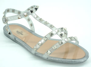 Valentino Rockstud Gladiator Thong Jelly PVC Sandal SZ 37 New Silver Glitter$495